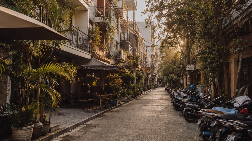A narrow numbered alley in the An Thuong area of Da Nang, the walkable bar district behind My Khe beach
