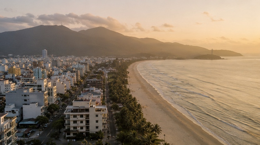 Aerial view along the Da Nang coastline, the beach side where several of the city's fine dining rooms sit